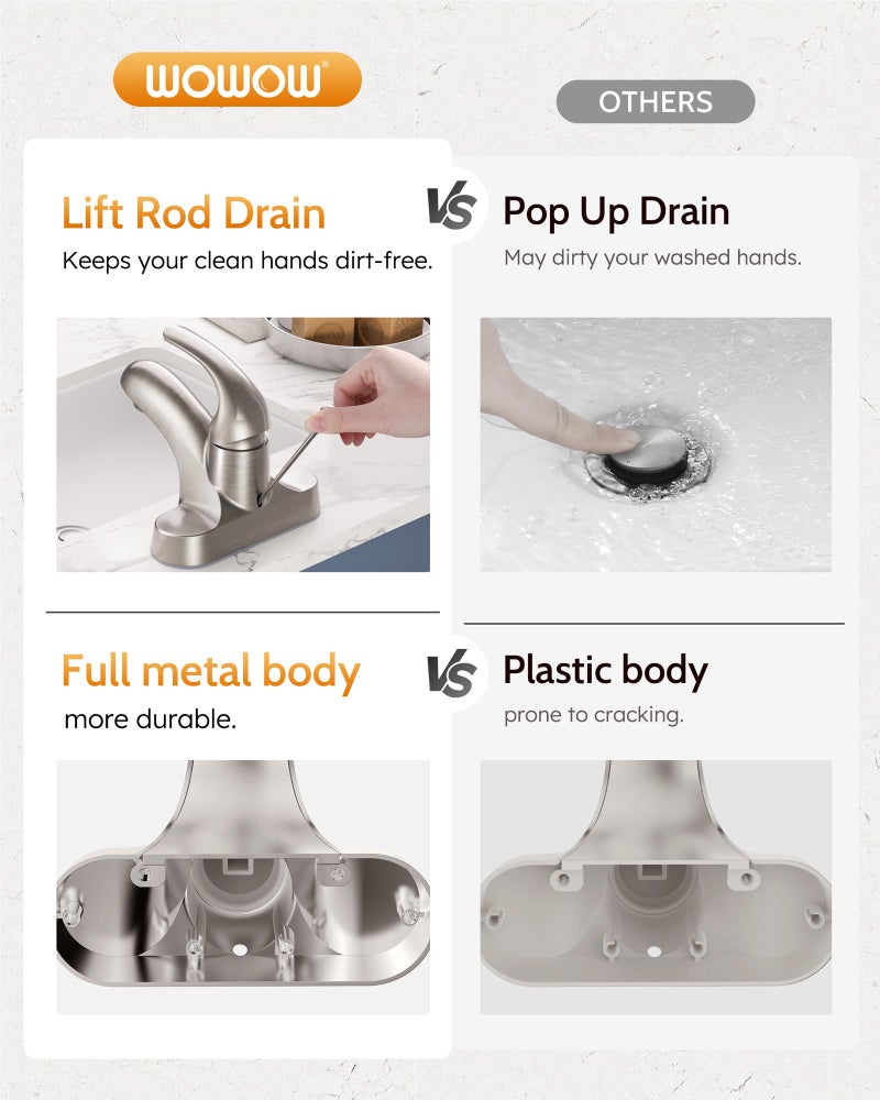 WOWOW Bathroom Faucet 1 Handle Low Arc Single Handle 4 inch Centerset Bathroom Sink Faucet with Pop Up Drain Assembly Basin Mixer Tap Brushed Nickel Vanity Faucets - Image 3